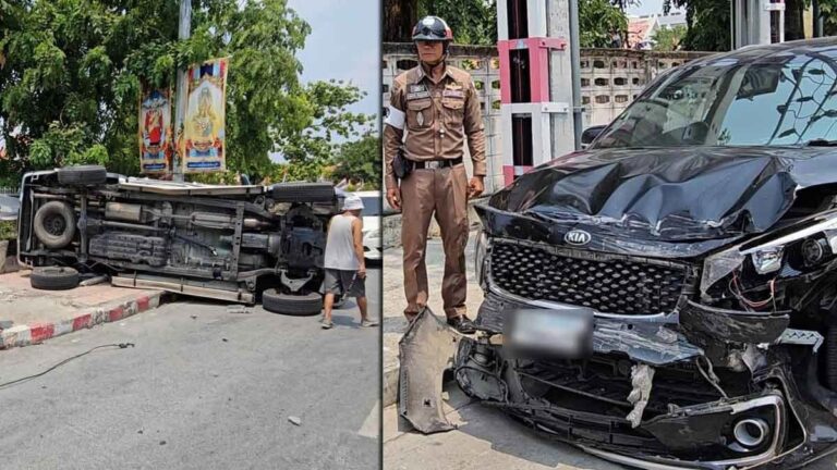 อุบัติเหตุ GPS นำทางทำพิษ สาวขับพุ่งชนกระบะพลิกตะแคง เจ็บ 2 ราย